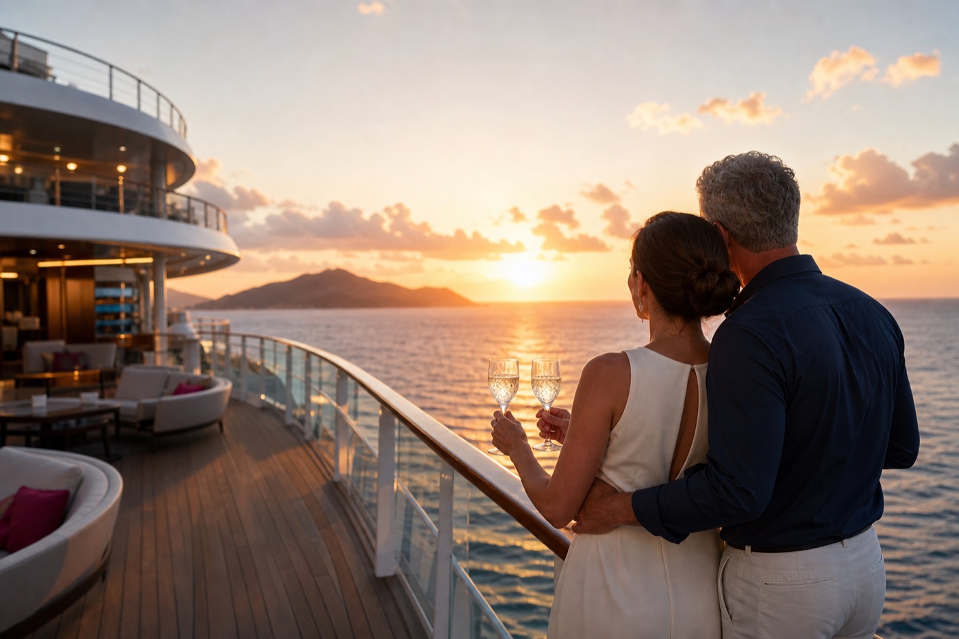 A mature adult couple embraces at a cruise-ship rail while watching a Caribbean sunset.