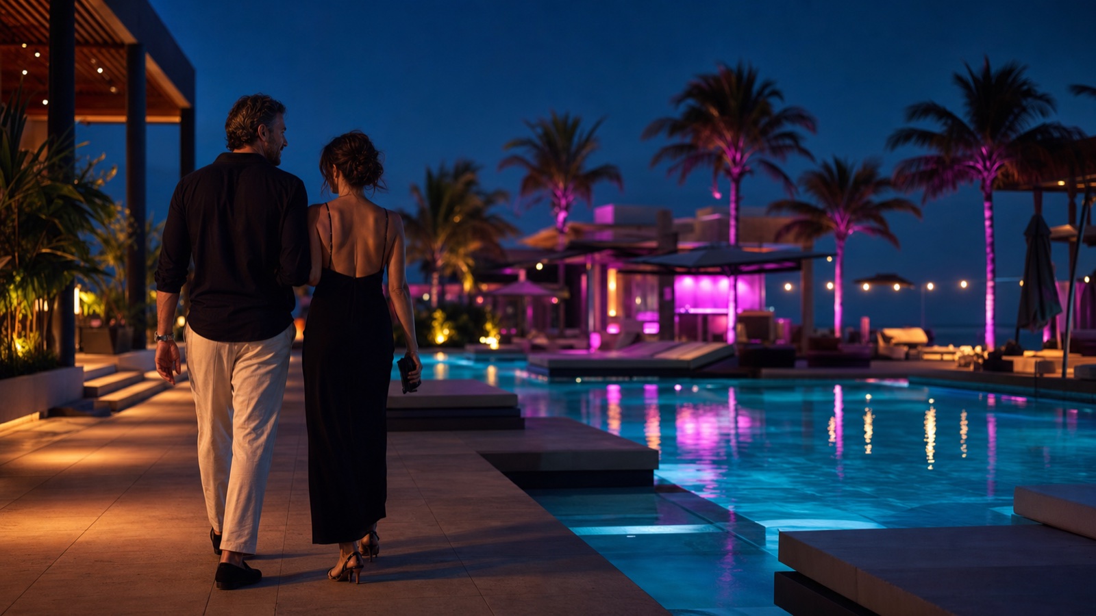 A stylish adult couple walks toward a resort pool illuminated in aqua and magenta at blue hour.